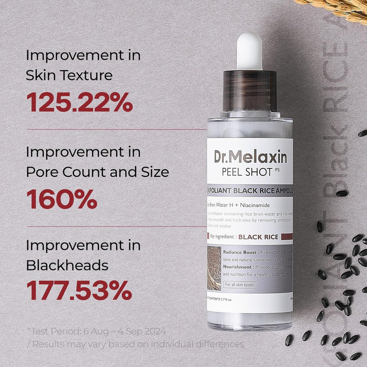 Dr.Melaxin Peel Shot Glow مقشر الأرز الأسود 80 مل، مزيل الجلد الميت مقشر لطيف بخلاصة ماء الأرز، أحماض ألفا وبيتا هيدروكسي، نياسيناميد، لتحسين ملمس البشرة يومياً، لجميع أنواع البشرة، مستحضرات العناية بالبشرة الكورية