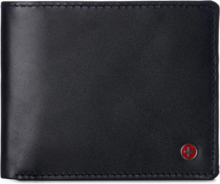 Alpine Swiss Mens Spencer RFID Bifold Wallet 2 ID Windows Divided Bill Section Smooth Leather - Black