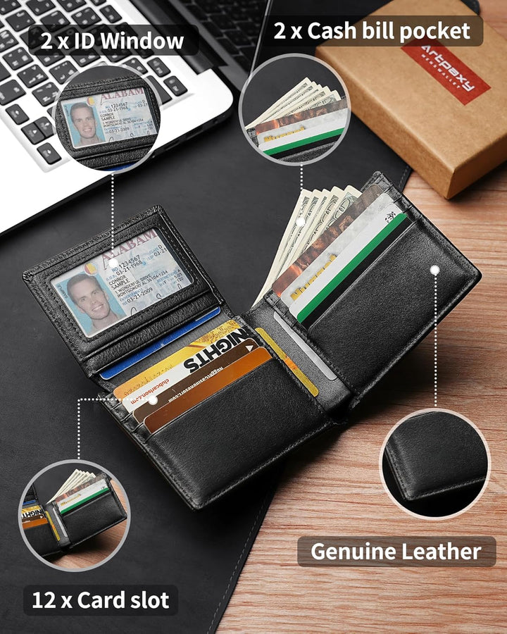 Artpaxy Mens Wallet Genuine Leather Bifold RFID Blocking Wallet for Men with 2 ID Windows 12 Card Holders 2 cash pockets