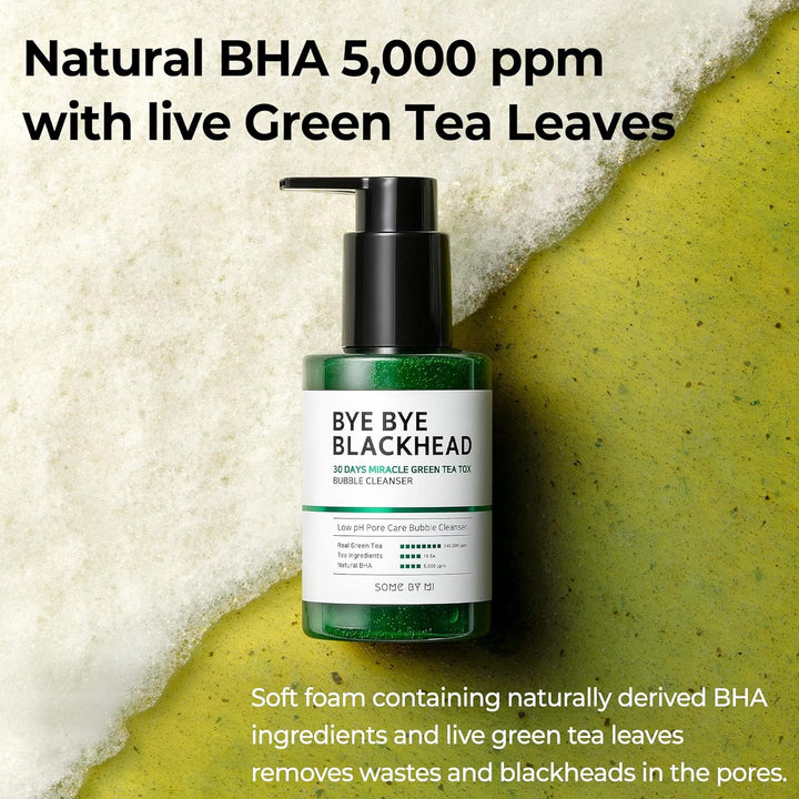 SOME BY MI Bye Bye Blackhead 30 Days Miracle Green Tea Tox Bubble Cleanser - 4.23 Oz, 120g - Made from Green Tea Extract - Mild Daily Face Wash for Removing Sebum and Blackheads - Korean Skin Care