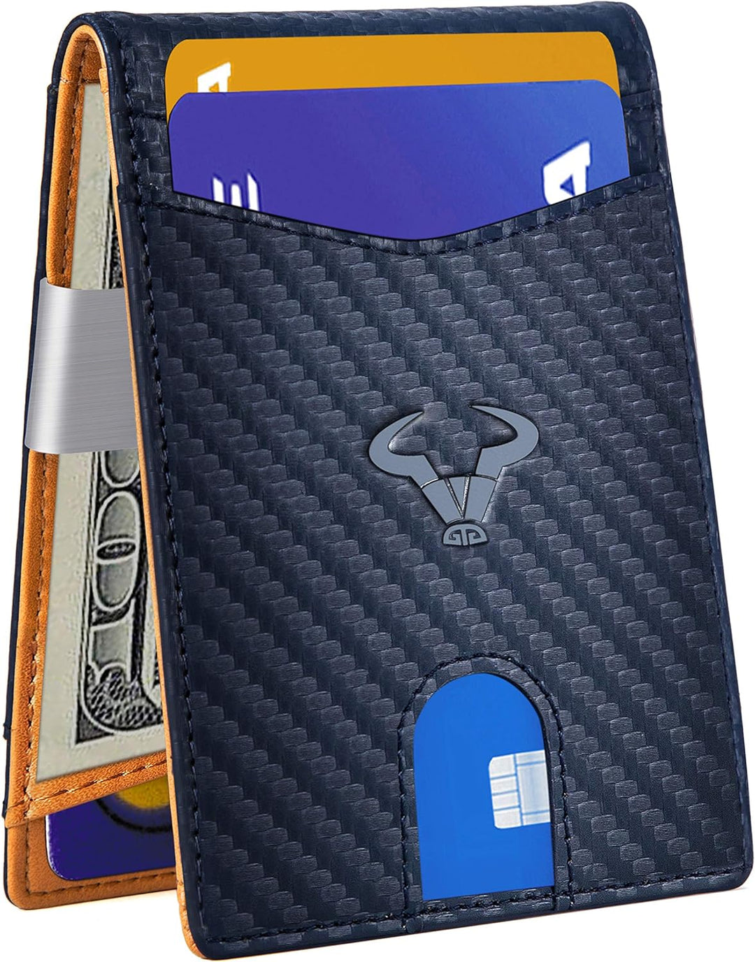 BULLIANT Slim Wallet Men, Carbon Fiber Leather Wallet Front Pocket Card Holders for Men Blue 1806
