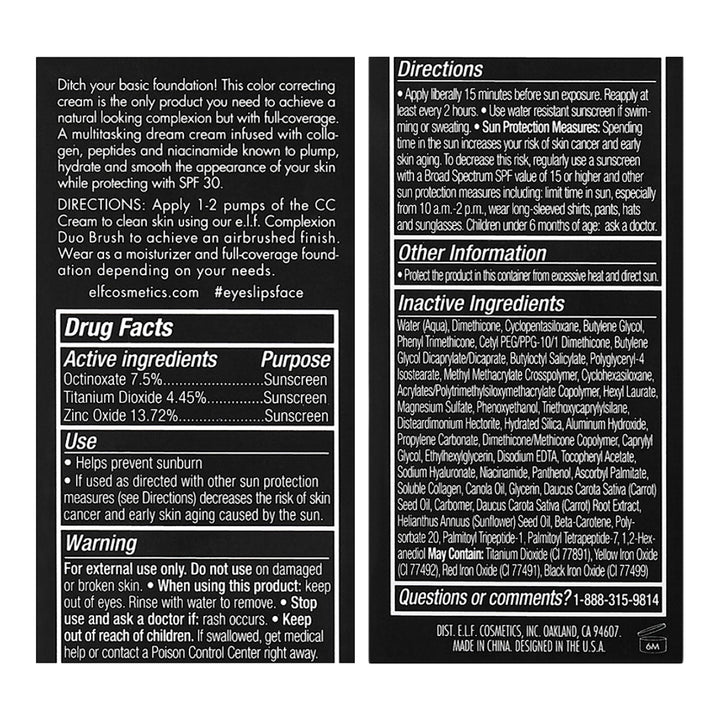 e.l.f. Camo CC Cream, Color Correcting Medium-To-Full Coverage Foundation with SPF 30, Light 210 N, 1.0 Oz (30g)