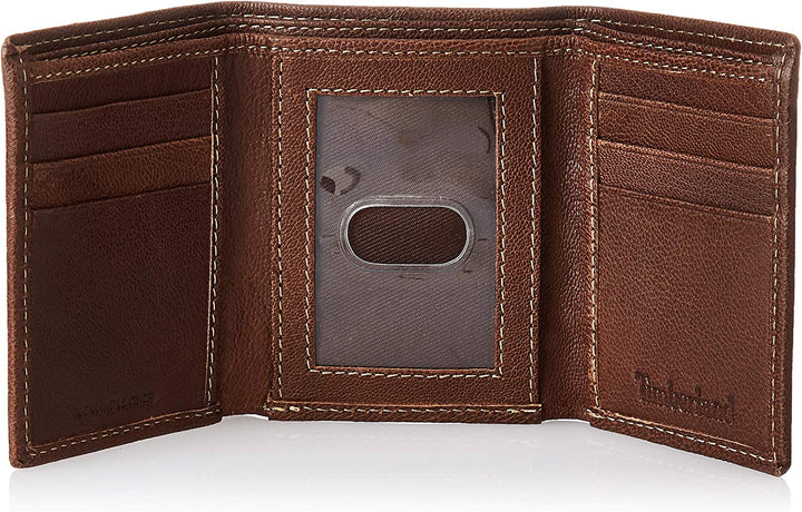 Timberland Men's Leather Trifold Wallet with Id Window Brown D97018 - 3alababak