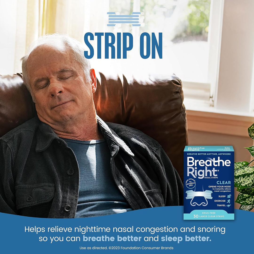 Breathe Right Nasal Strips, Clear Large Nose Strips, Snoring, Nasal Congestion, Deviated Septum, Allergies, 30 Ct
