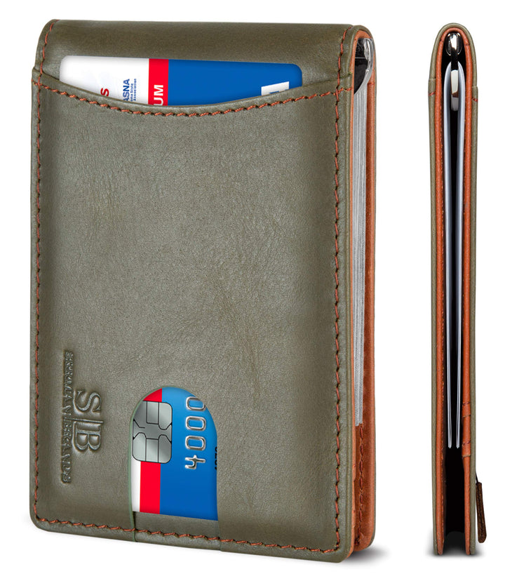 محفظة سيرمان براندز (SERMAN BRANDS) ثنائية الطي، نحيفة ومصنوعة من الجلد الطبيعي، مزودة بتقنية حجب تحديد الهوية بموجات الراديو (RFID) ومشبك للنقود، مصممة للجيب الأمامي للرجال