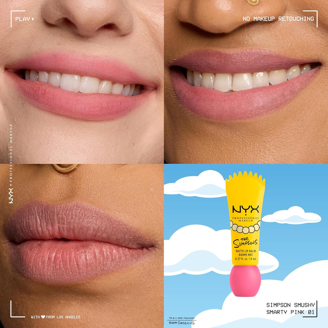 بلسم الشفاه المطفي سموشي من NYX PROFESSIONAL MAKEUP، مكياج شفاه قابل للبناء ومموّه، بالتعاون مع ذا سيمبسونز، نباتي ولم يختبر على الحيوانات