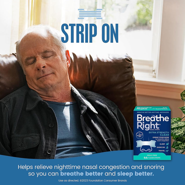 Man resting on a couch with a Breathe Right strip box next to him, indicating product use for better sleep.