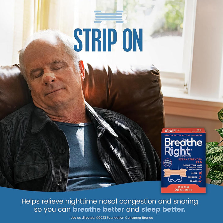 Breathe Right Nasal Strips, Extra Strength Tan Nose Strips, Drug-Free Nasal Congestion Relief for Better Breathing, Help Relieve Snoring, Caused by Colds &amp; Allergies, Deviated Septum, 26ct
