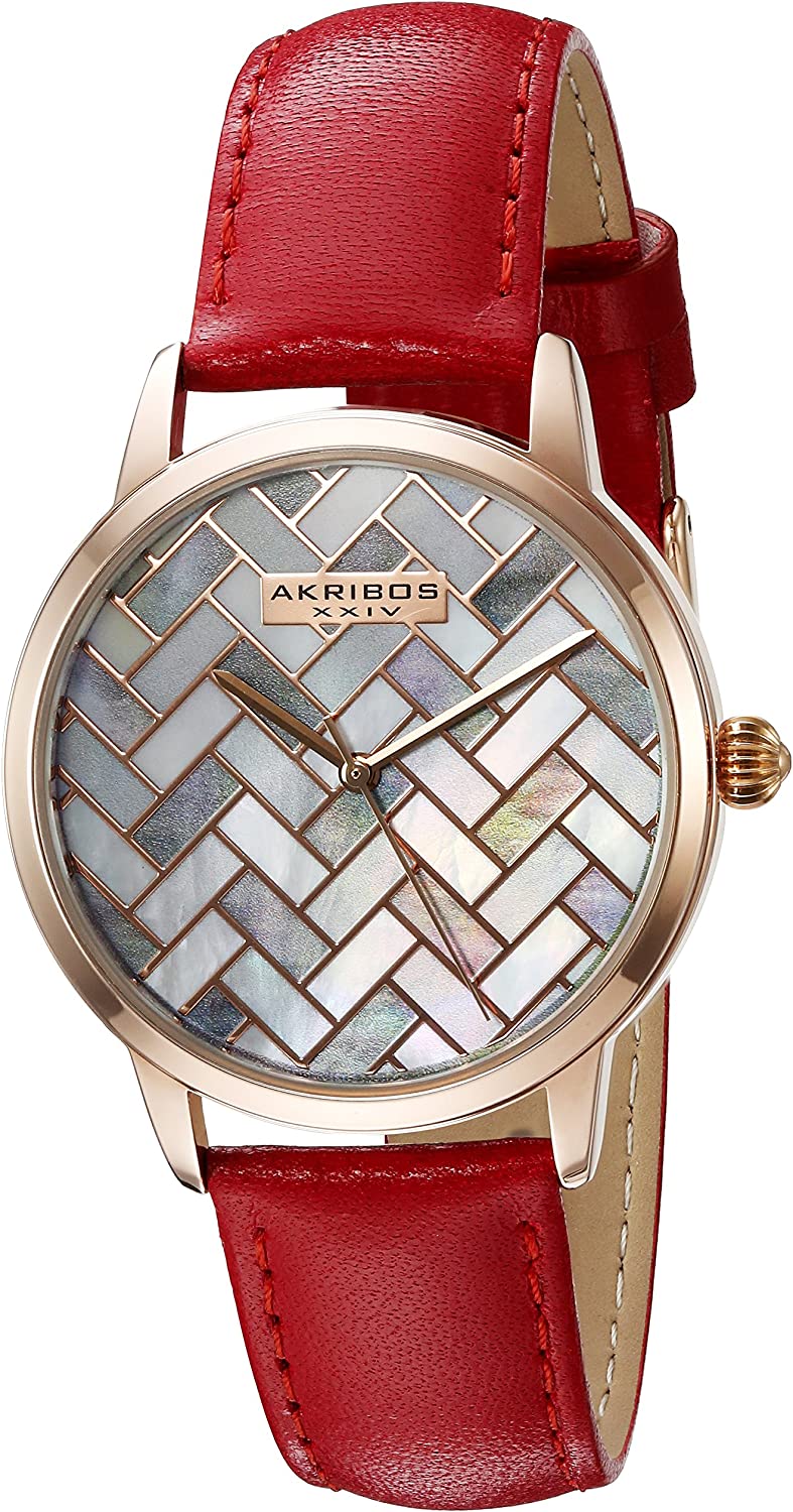 Akribos AK906WTG XXIV Women's Ornate Quartz Metal and Leather Automatic Watch - Red - 3alababak
