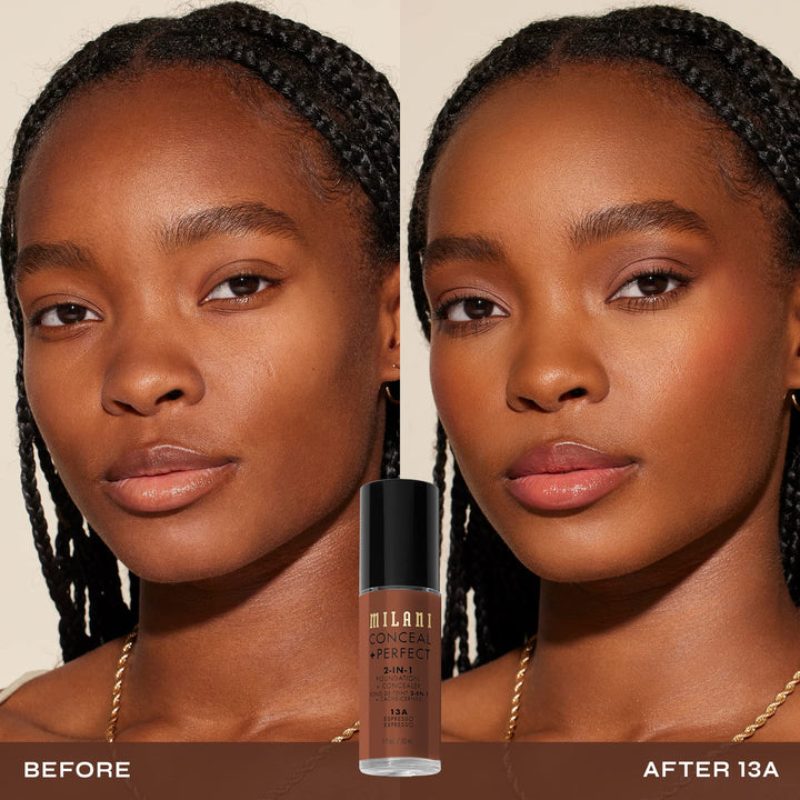 Milani Conceal + Perfect 2-in-1 Foundation + Concealer for a Flawless Complexion, Under Eye Corrector, Cover Redness and Imperfections, Waterproof and Sweatproof