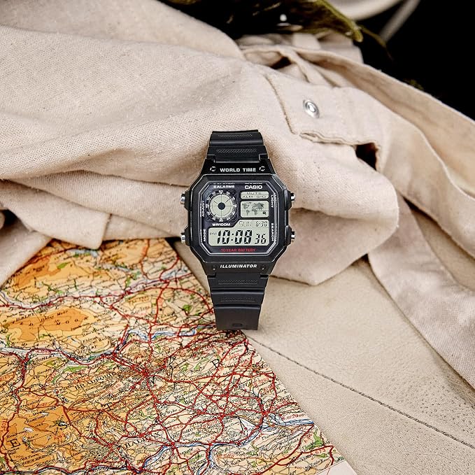 Casio AE-1200WH-1BVDF Series | Men’s Digital Watch | 100M WR | Multi Alarms | 100 SEC Stopwatch | Countdown Timer | World Map for World Time | LED Light | LC Analog Display | 10 Year Battery