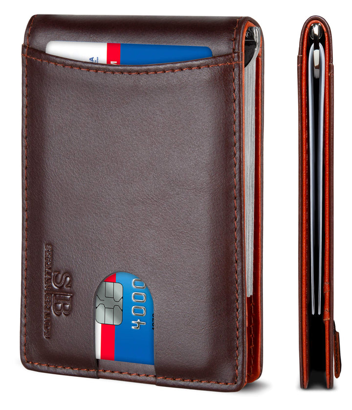 محفظة سيرمان براندز (SERMAN BRANDS) ثنائية الطي، نحيفة ومصنوعة من الجلد الطبيعي، مزودة بتقنية حجب تحديد الهوية بموجات الراديو (RFID) ومشبك للنقود، مصممة للجيب الأمامي للرجال