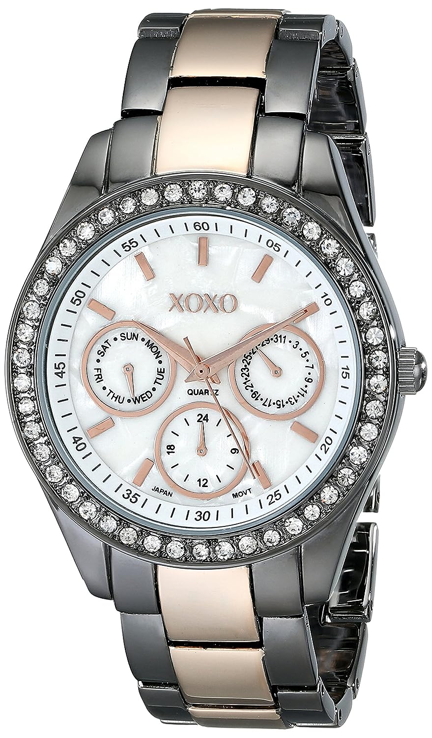 XOXO Women's XO5453 Gunmetal and Rose Gold Clear Rhinestones Bezel Bracelet Watch - 3alababak