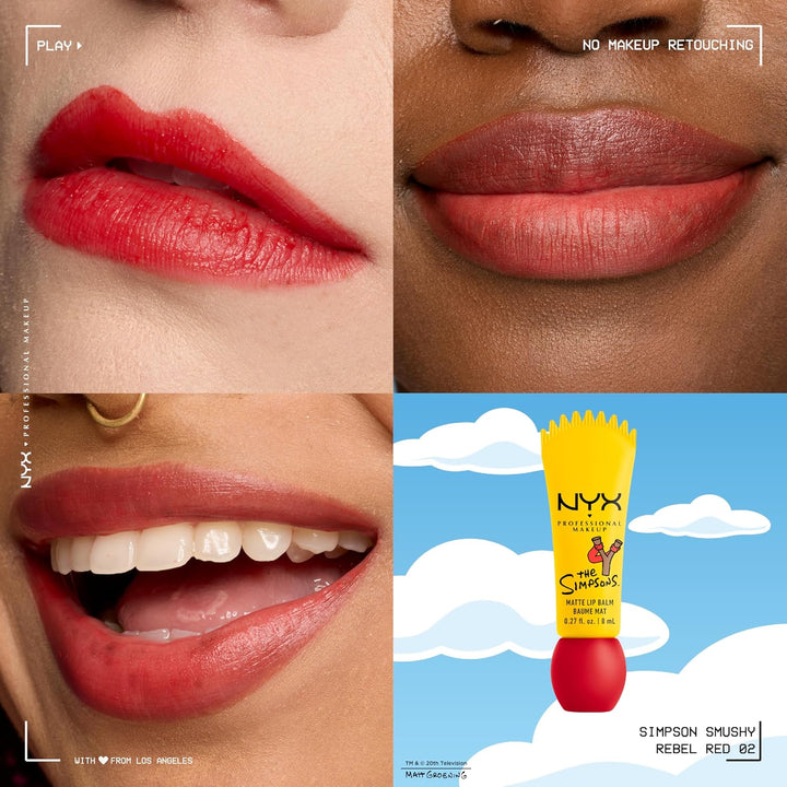 بلسم الشفاه المطفي سموشي من NYX PROFESSIONAL MAKEUP، مكياج شفاه قابل للبناء ومموّه، بالتعاون مع ذا سيمبسونز، نباتي ولم يختبر على الحيوانات
