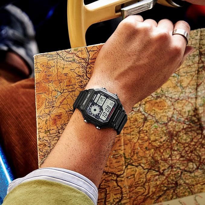 Casio AE-1200WH-1BVDF Series | Men’s Digital Watch | 100M WR | Multi Alarms | 100 SEC Stopwatch | Countdown Timer | World Map for World Time | LED Light | LC Analog Display | 10 Year Battery