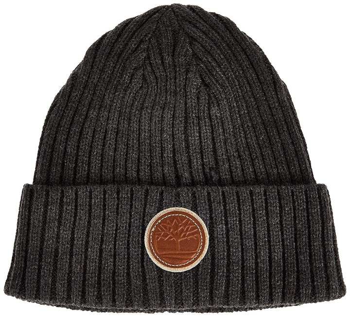 Timberland Men's Ribbed Beanie with Logo Patch, Charcoal Grey, One Size