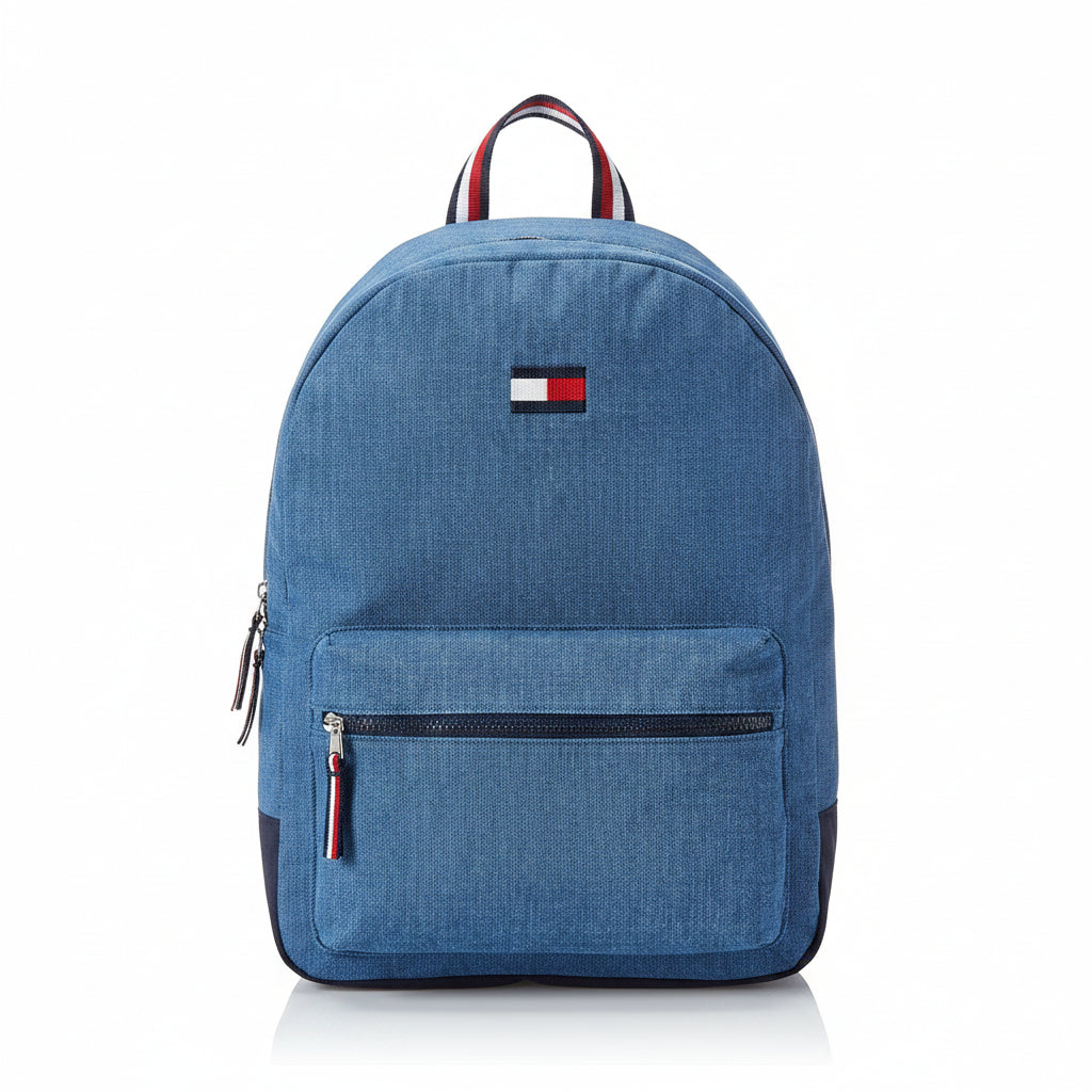 Blue backpack with a brand logo on a white background