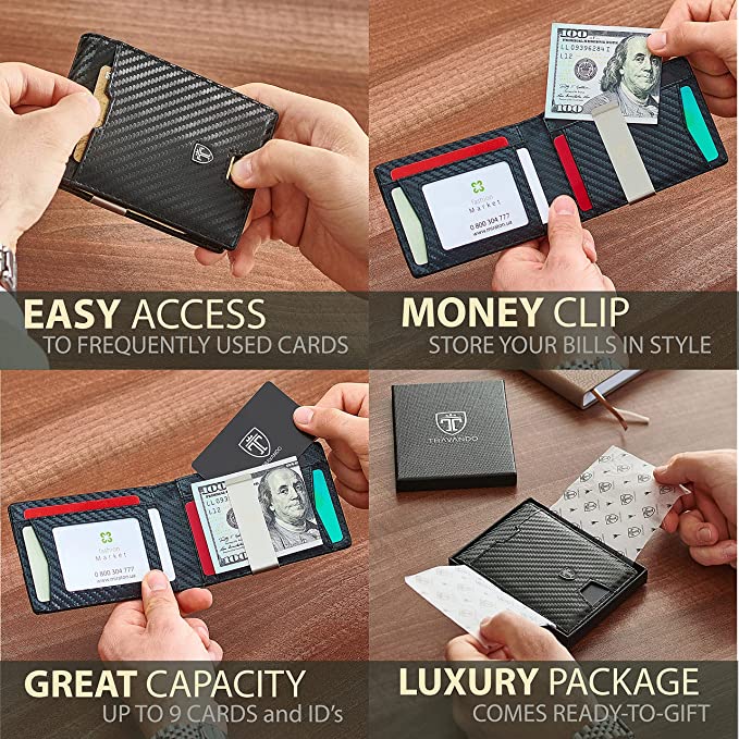 TRAVANDO Mens Wallet Money Clip PHOENIX Front Pocket Slim RFID Bifold Gifts (Carbon) - 3alababak