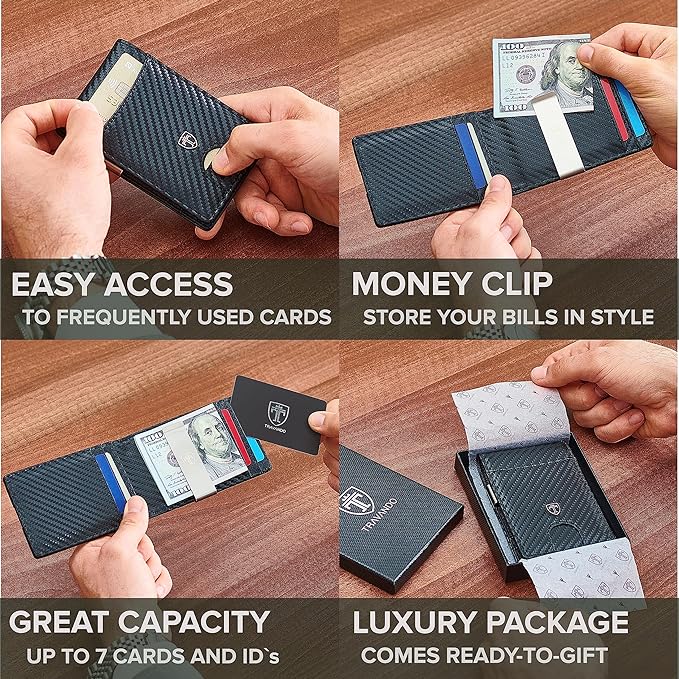 TRAVANDO Money Clip Wallet  - Mens Wallets slim Front Pocket RFID Carbon Minimalist Design