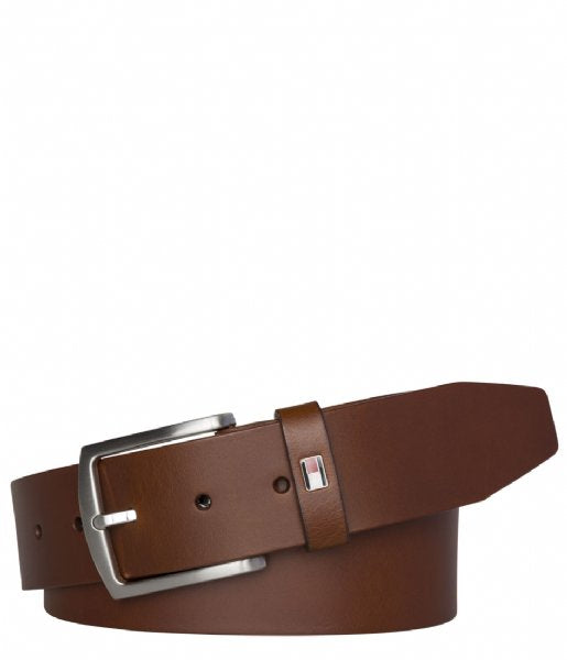 Tommy Hilfiger Men's New Denton Flag Logo Leather Belt - Dark Tan, 105cm - 3alababak
