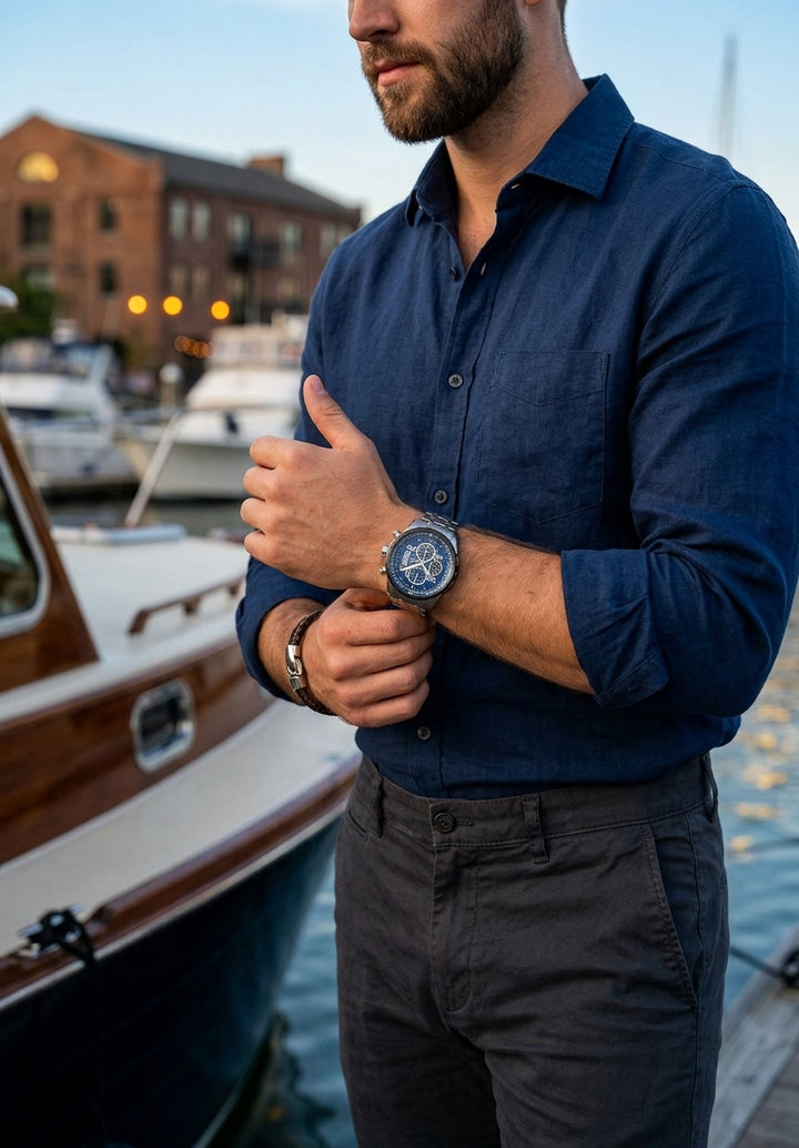 A man wearing a navy blue long-sleeve button-down shirt and dark gray trousers stands at a dock next to a boat, adjusting his shirt while wearing a blue and white wristwatch.