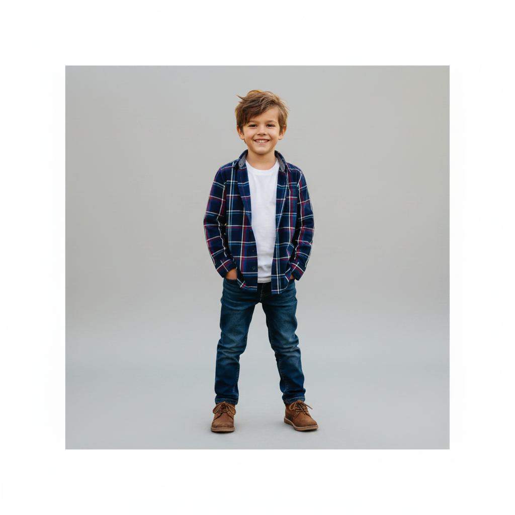 Young boy wearing a plaid shirt, white t-shirt, jeans, and brown shoes on a white background
