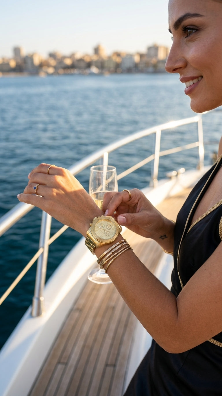 A woman on a yacht wearing a gold-tone watch with a cream dial, adjusting it while holding a glass of champagne. The background shows the blue water and a distant city skyline under warm sunlight.