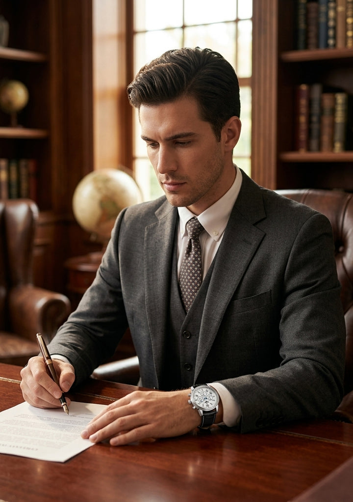 A man in a dark gray three-piece suit, white dress shirt, and patterned tie sits at a wooden desk writing on paper, wearing a wristwatch in a warm, book-filled study environment.