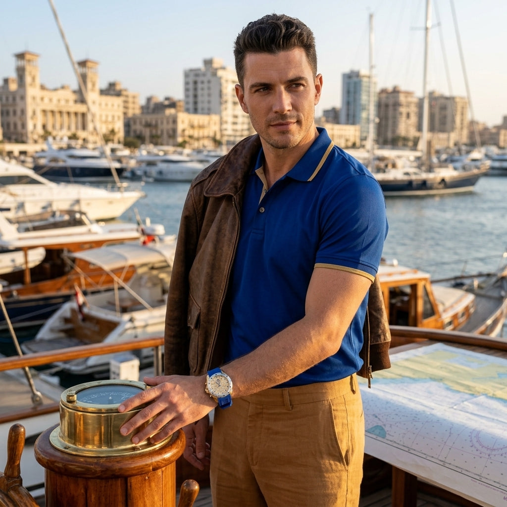 A man standing on a boat deck in a marina, wearing a royal blue polo shirt with gold trim, tan trousers, and a brown jacket draped over his shoulders. The background features water, boats, and buildings under warm golden hour light.