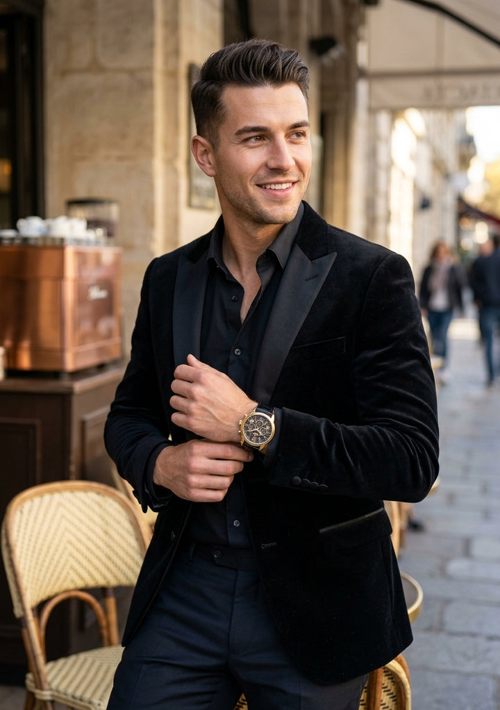 A man wearing a black velvet blazer with black satin lapels over a black shirt, standing on a cobblestone street in front of a cafe.