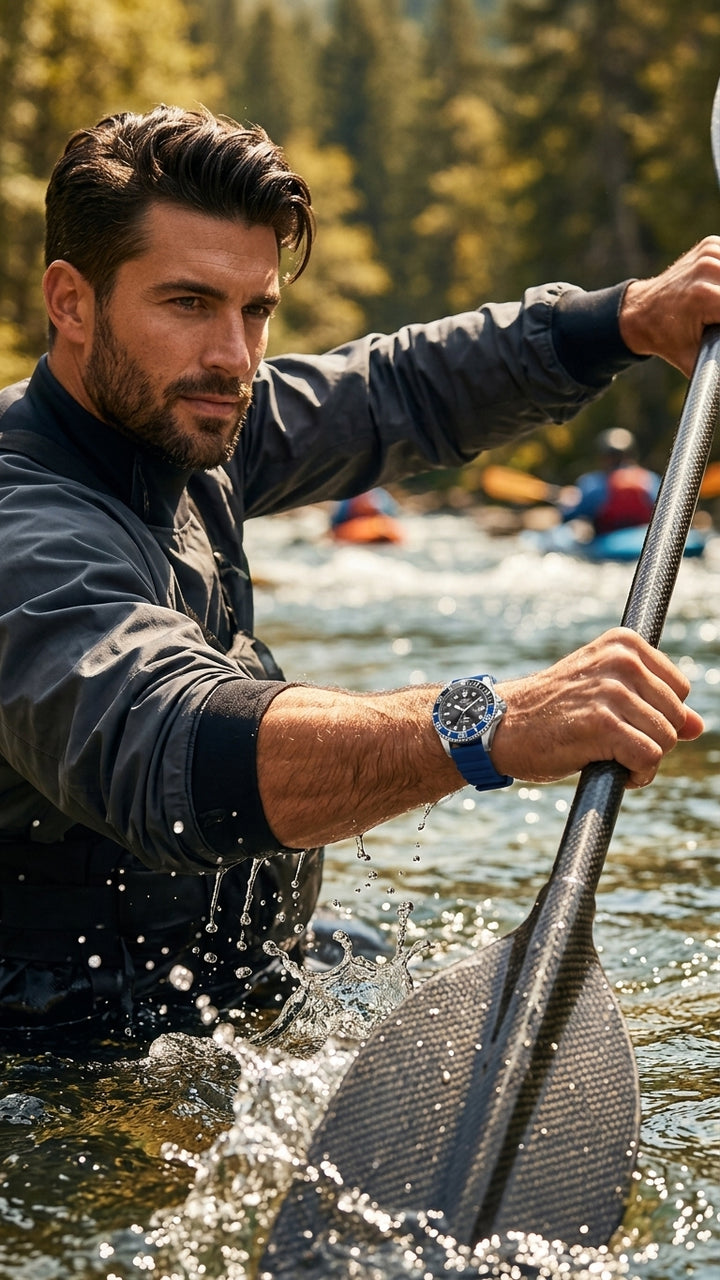 A man in a black waterproof jacket paddling on a river while wearing a blue and black wristwatch with a textured black strap.