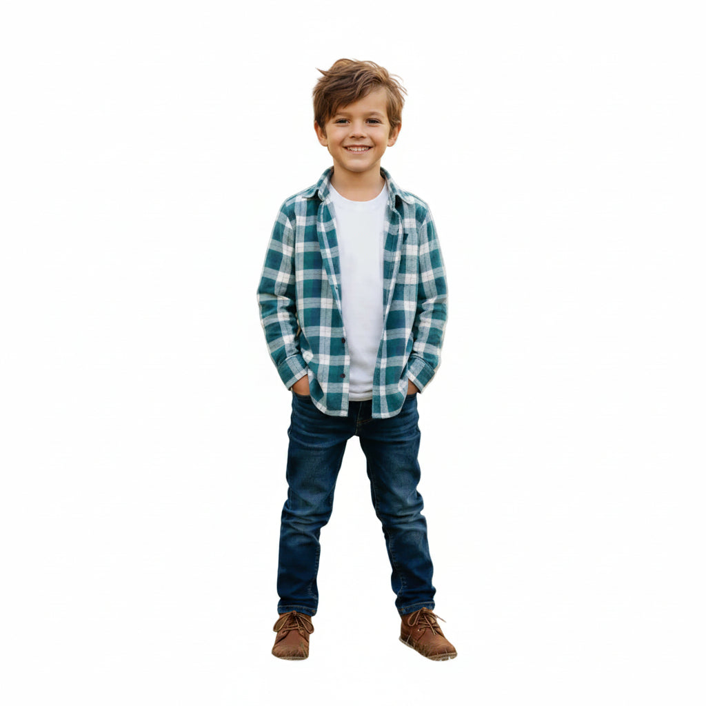 Young boy wearing a plaid shirt, white t-shirt, jeans, and brown boots on a white background