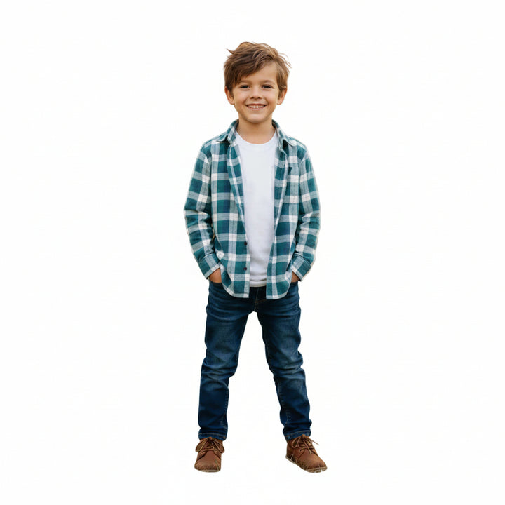Young boy wearing a plaid shirt, white t-shirt, jeans, and brown boots on a white background
