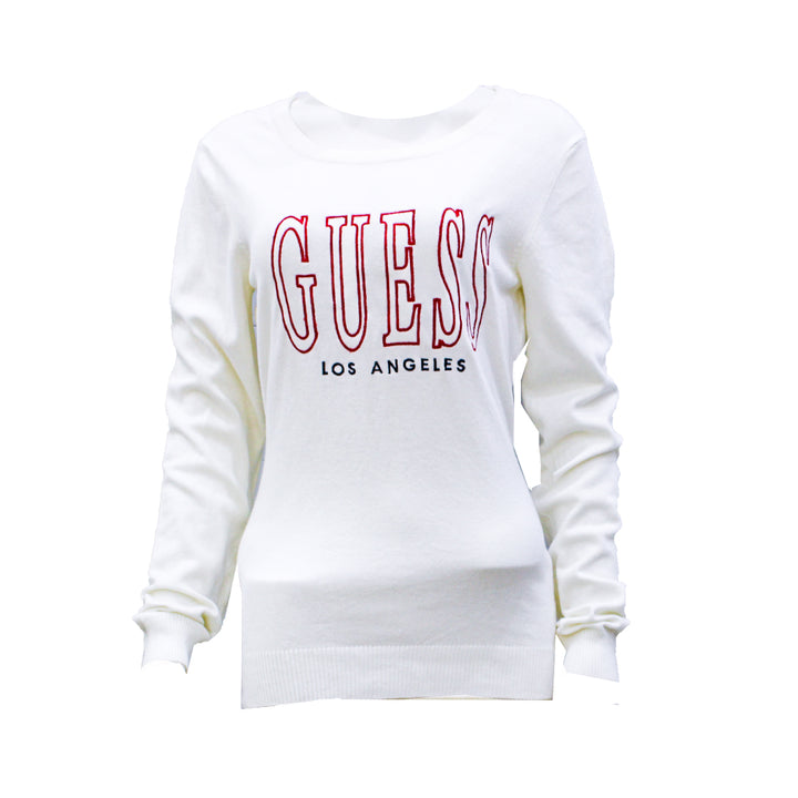 Guess Women Long Sleeve White Round Neck with Printed Guess logo - Large