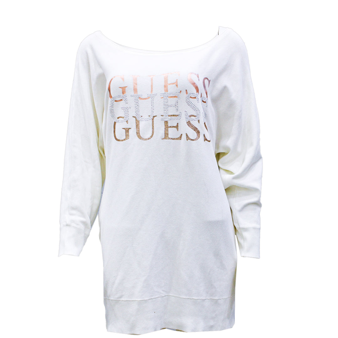 Guess Women Long Sleeve White Pullover With Round Neck