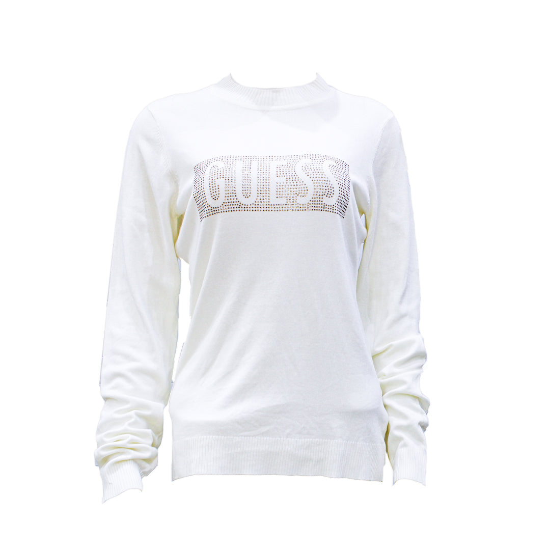 Guess Women Long Sleeve White Pullover With Front Logo - Large