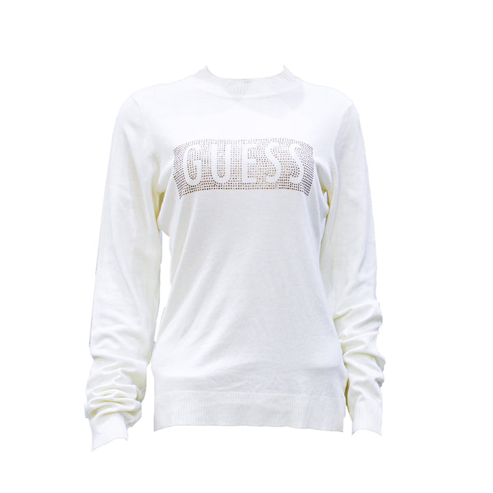 Guess Women Long Sleeve White Pullover With Front Logo - Large