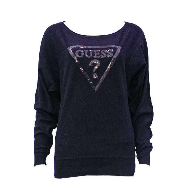 Guess Women Long Sleeve Black With Front Logo Top - Large