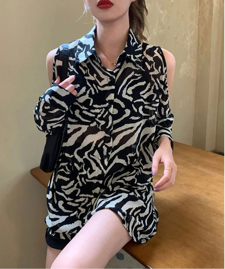 Zebra-Inspired Collared Shirt in Flowing Fit Long-Sleeve Shirt - XS