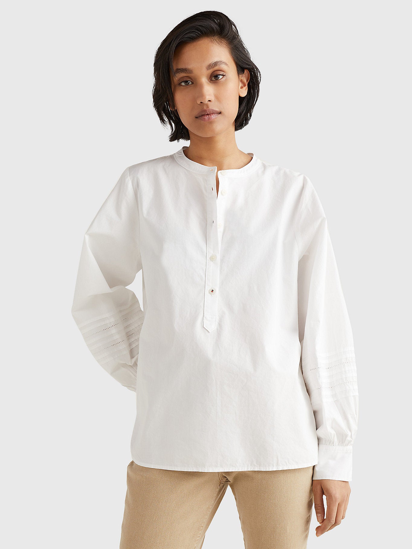 Tommy Hilfiger Women's Lace Regular Fit Henley Blouse, Optic White - 3alababak