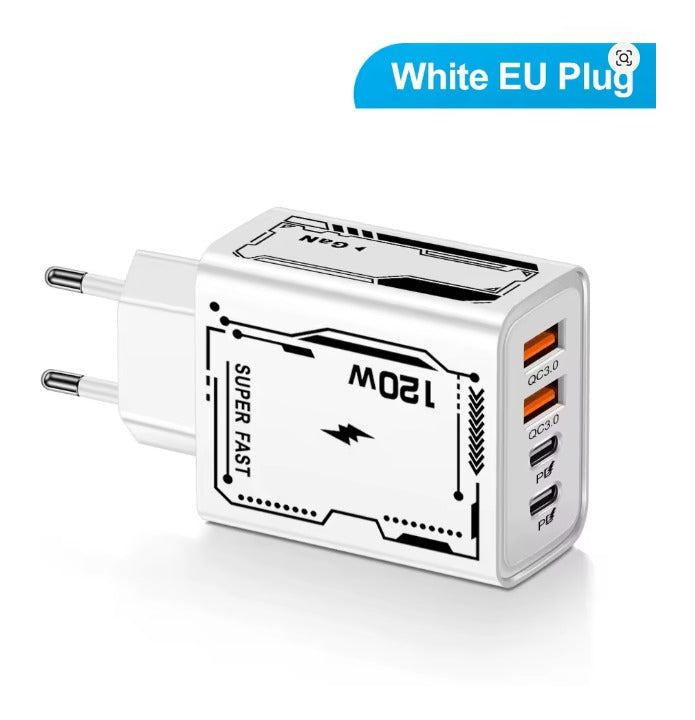 4 Ports USB C PD Charger Quick Charge 3.0 Type C USB Phone Chargers Fast Charging 120 watt Adapter For iPhone 16 15  iPad Samsung Xiaomi Huawei