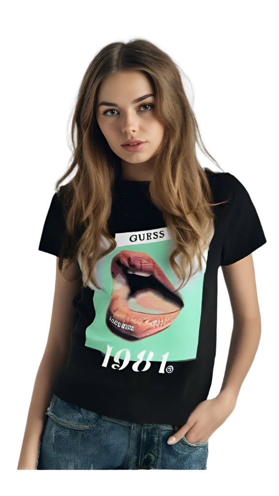 Guess Women Front Print Logo Black T-shirt