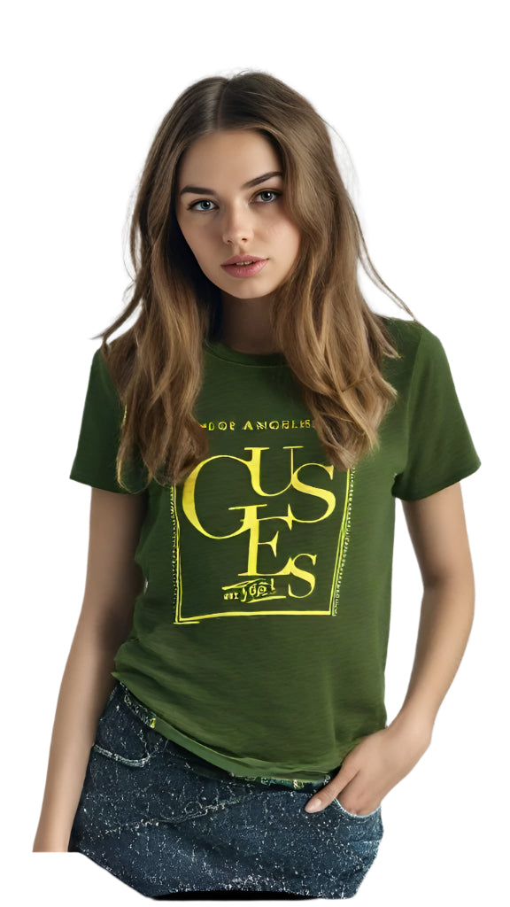 Guess Women Front Print Logo Olive T-shirt