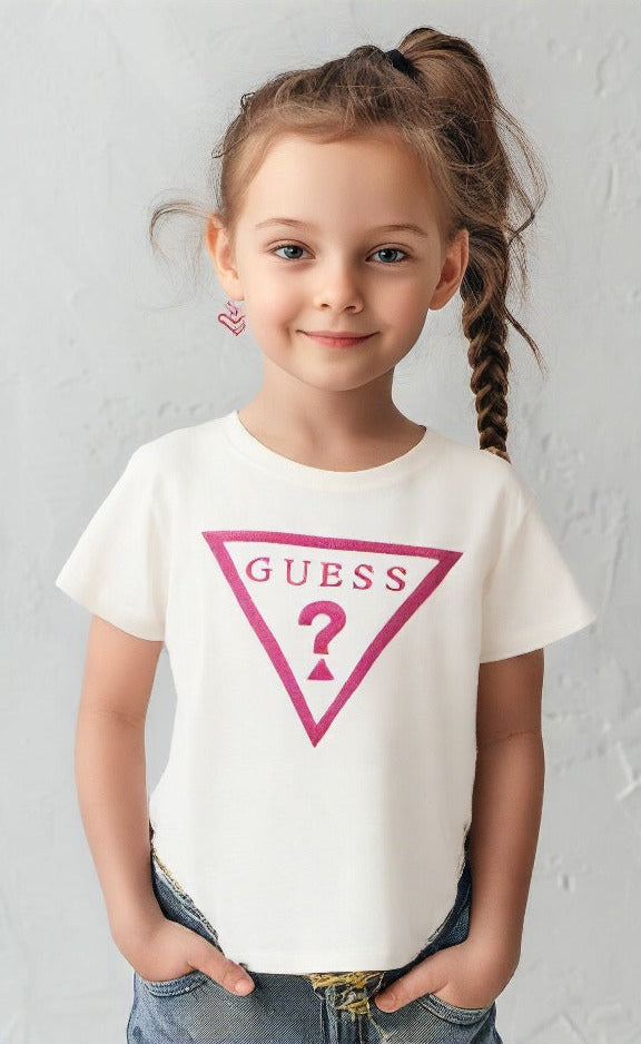 Guess Kids White Cotton T-shirt With Pink Logo