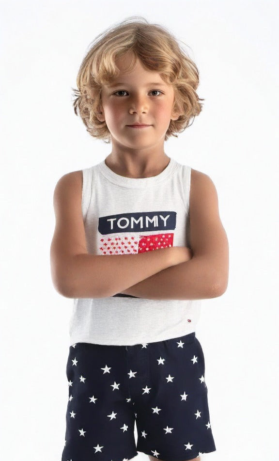 Tommy Hilfiger boys 2 Pieces Tank Top Shorts Set - White Heather/Navy Blazer Size: 5/6 Months