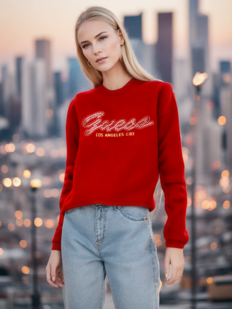 Guess Women Long Sleeve Front Logo Red Sweater Top