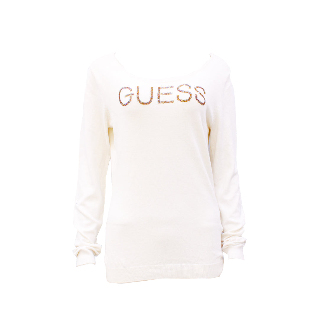 Guess Women Long Sleeve Off White Front Logo Winter Top - Medium