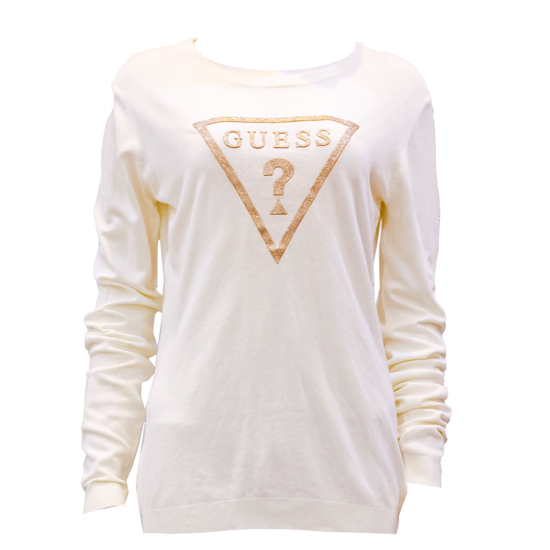 Guess Women Long Sleeve White Winter Pullover with Printed Logo - Medium