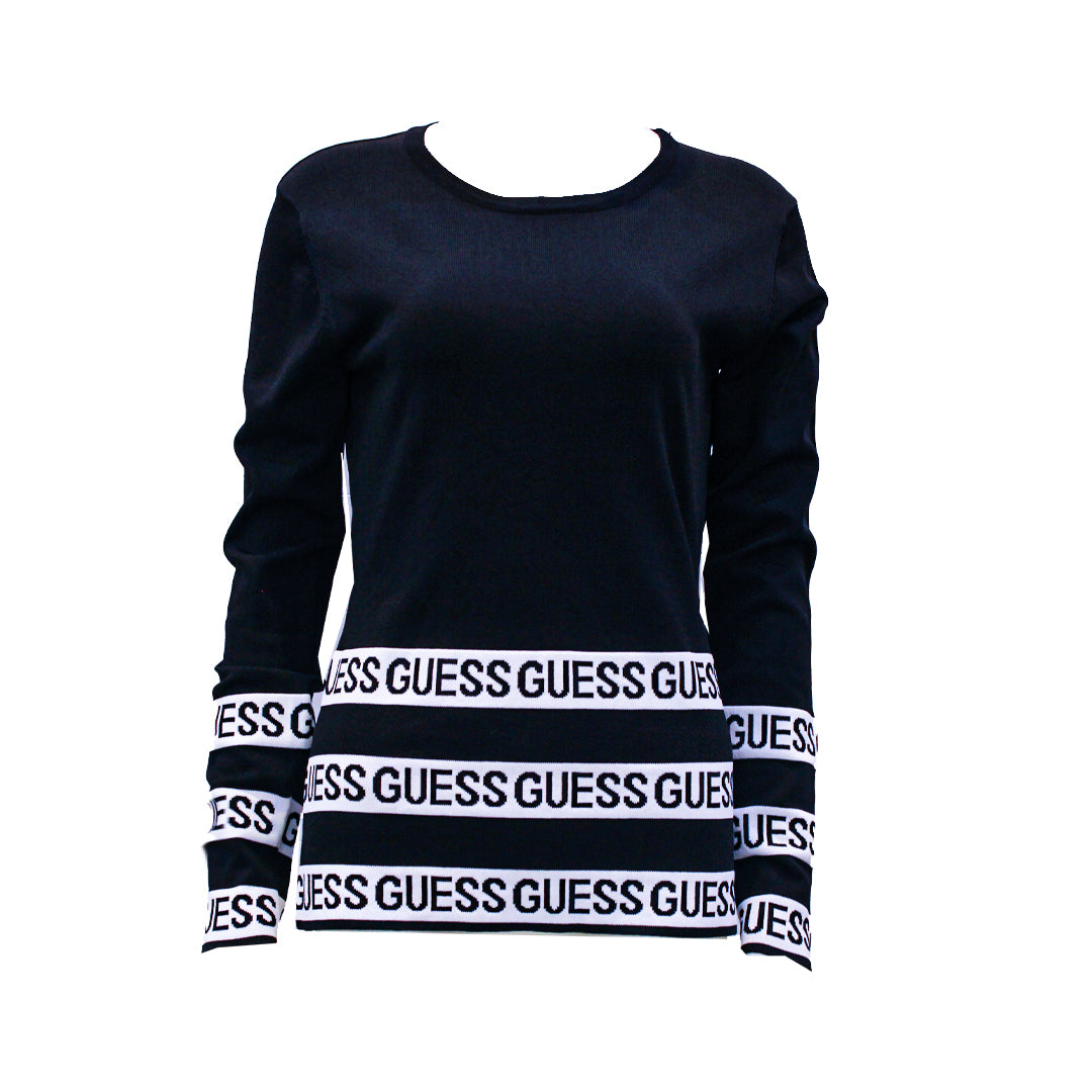 Guess Women Long Sleeve Black With Guess Logo Pullover - Medium