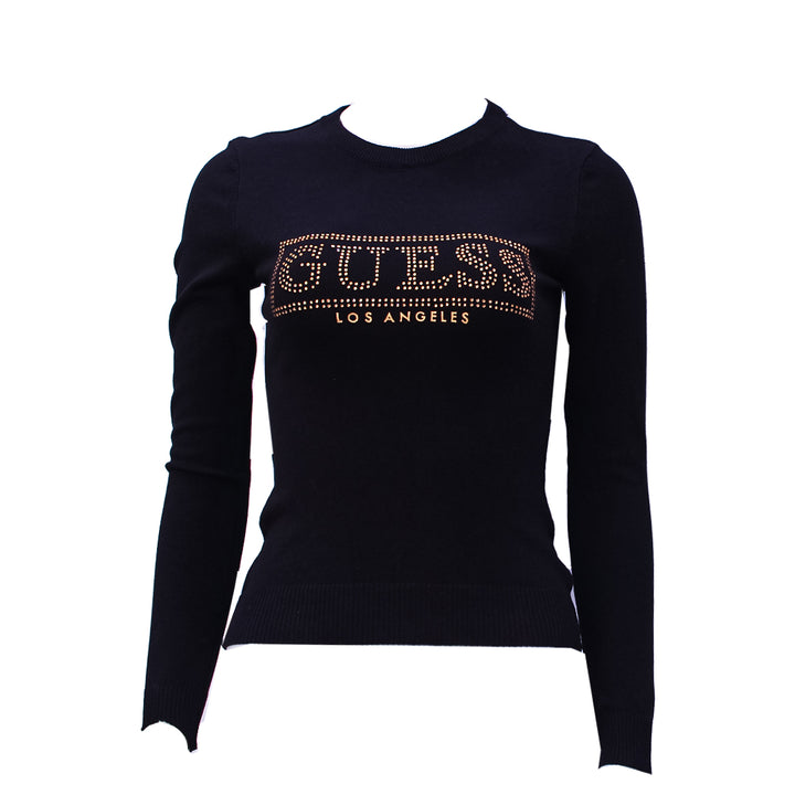 Guess Women Long Sleeve Black Pullover With Front Gold Logo - Small